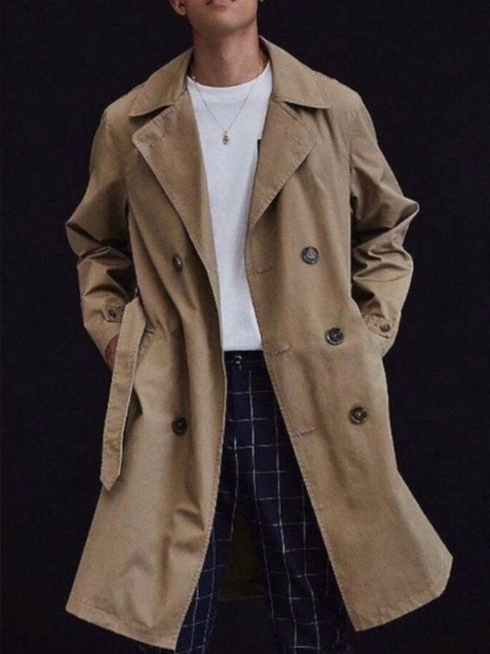 Mens khaki tan trench coat XS Urban Outfitters Neutral Belted Genderless